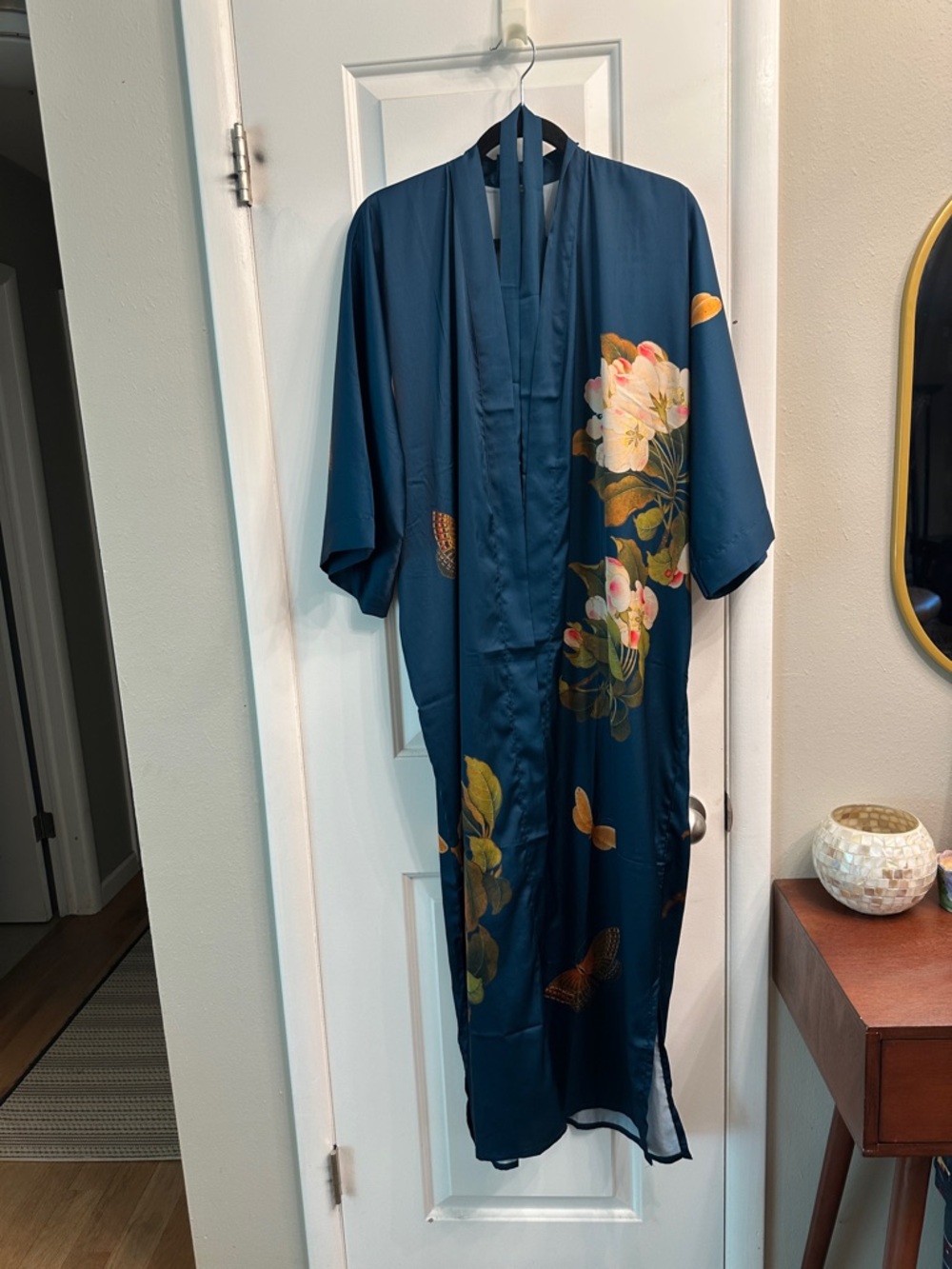 Floral Satin Kim+Ono Kimono Robe in Teal Blue Butterfly and Peony